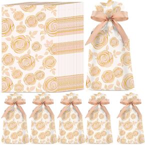 Pasimy 50 Pcs Gold Rose Gift Bags Rose Drawstring Bags Floral Favor Bags Gold Plastic Goody Bagsgold Rose Drawstring Treat Bags for Women Girl Kids Mother Birthday Party Supplies