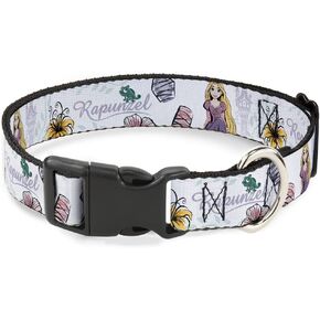 Buckle-Down Dog Collar Plastic Clip Rapunzel Castle and Pascual with Script and Flowers White 11 to 16.5 Inches 1.0 Inch Wide
