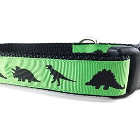 Dinosaur Dog Collar, Caninedesign, Green, T-Rex, Stegosaurus, Triceratops, 1 inch Wide, Adjustable, Nylon, Medium and Large (Pink Medium 13-19")