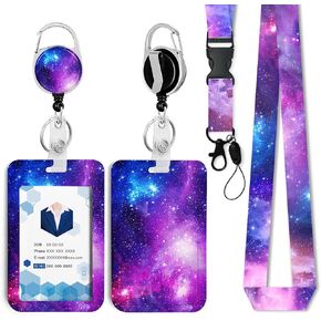 Purple Starry Sky Badge Holder with Retractable Reel and Breakaway Lanyard，Badge Clips Retractable Heavy Duty Badge Reel，Keychain，ID Holder with Breakaway Lanyard for School Nurse Office