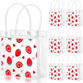 Whaline Strawberry Clear PVC Gift Bags Cute Fruit Party Favor Bags with Handles Red Heart Strawberry Treat Tote Bags for Wedding Birthday Baby Shower Party Supplies, 12Pcs