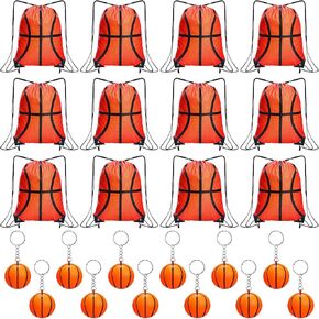 Reginary 24 Pcs Basketball Party Favors Gifts Bag and Keychain Set Basketball Drawstring Bags Cinch Bags Basketball Party Favors for Basketball Team Sports Birthday Party Supplies