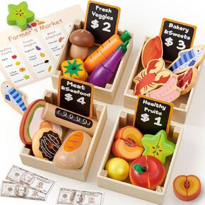 تلعب Toyssa Wooden Play مجموعات طعام للأطفال Kids ، قم بتشغيل أطعمة ألعاب للأطفال الصغار بألوان واقعية ورففي ، وتلعب إكسسوارات عيد الميلاد للفردات للفتيات 3 4 5 6 7