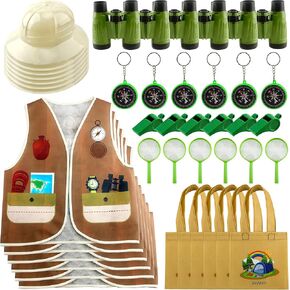 42 Pcs Kids Explorer Costume Set Include 6 Adventure Hats 6 Vest 6 Tote Bag 6 Binoculars for Jungle Safari Halloween