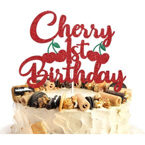 Cherry 1st Birthday Cake Topper - Cherry Sweet One Cake Decor, Cherry Theme 1st Birthday Baby Shower Party Decorations Red Glitter