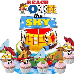 Reach Four the Sky Cake Topper and 40pcs Cupcake Toppers 4th Birthday for Boys Girls Birthday Party Supplies Decorations