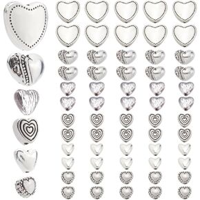 1 Box 120Pcs Antique Silver Heart Beads Heart Charm Spacer Bead Metal Alloy European Style Love Hearts Loose Spacer Beads for Jewelry Making Bracelets Earrings Crafts Valentines Day Gifts