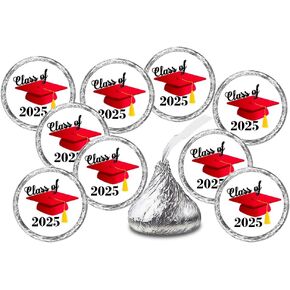 216 Graduation Party Cap Class of 2025 Kisses Stickers Labels, Grad Party Favor Decorations. Made in USA (red)
