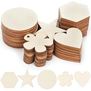 200Pcs 5 Shapes Unfinished Wooden Ornaments Assortment Kit DIY Wooden Ornaments Blank Wood Pieces Unpainted Wooden Cutouts for Crafts Valentines Day Christmas Wedding Party