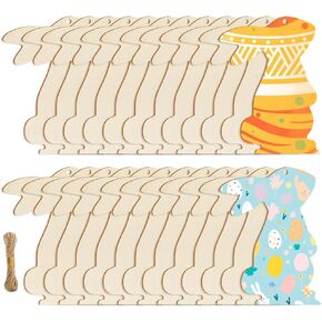 24 Pcs Unfinished Easter Bunny Wood Cutouts, 7 Inch Blank Wooden Bunny Slices with Ropes for DIY Easter Crafts and Home Decor