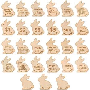 27 Pack Wood Bunny Easter Egg Tokens,Kids Reward Tokens, Unique Birthday Wooden Tokens for Kids,24 Redeemable Tokens + 3 Blank DIY Tokens (A)