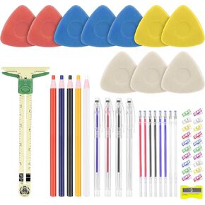StiVerse 49 pcs Tailors Chalk Kit, 10 pcs Sewing Chalk, Fabric Chalk Markers for Sewing, Heat Erasable Pens, Sewing Clips, Sliding Gauge for Quilting, Sewing Supplies for Quilting, Dressmaking