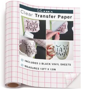 KASSA TRANVER TAPE ROLL لـ VINYL - CLEAR | 12 في × 12 قدم ، 5 أوراق فينيل سوداء تشمل | متوافق مع Cricut ، صورة ظلية وآلات القطع الأخرى | للمشاريع الفنية DIY ، التصميم والتزيين