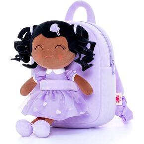 Gloveleya Toddler Backpack Baby Girl Gift Plush Bag Diaper Bag with Spring Girl Doll Curly Hair Girl Toys with Love Brown Purple 9 Inches
