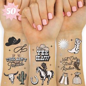 XO ، Fetti Western Birthday Party Tattoos - 50 Silver Foil PCS | ملحق فتاة عيد ميلاد ، رعاة البقر الراعي البكالوريوس زخارف حفلات ، ملحقات هودواون ، مواد حفلات الريف.