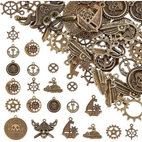 SUNNYCLUE 1 Box 58Pcs 11 Styles Steampunk Charms Bulk Pirate Charms Alloy Vintage Gear Mechanical Metal Steam Punk Sea Nautical Charm for Jewelry Making Charms Supplies DIY Necklace Bracelet Earrings