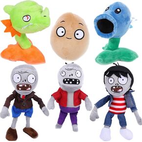 6 PCS Plant and Zombies Plush Toy Stuffed Soft Doll PVZ Dwarfs Zombies, Fire Dragon, Potatoes, Ice Pea, Gray Zombies, Punk Zombie Plush Figure Toy Great Gift for Christmas, Birthday