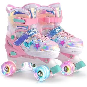 SULIFEEL Roller Skates for Girls Kids with Light Up Wheels, Adjustable 4 Sizes for Little Kids Toddler Beginner Rollerskates