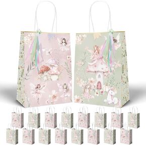 KARAQY 16 Pcs Fairy Theme Gift Bag Set with Ribbon Decorations, Floral Fairy Goodie Treat Bags Mushroom Flower Party Favor Bags for Birthday Baby Shower Party