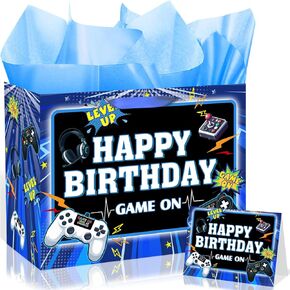 Game Theme Birthday Gift Bags Video Game Birthday Favor Bag with Card and Tissue Paper Blue Video Game Gift Wrapping Paper Bag for Boys Girls Kids Christmas Game Theme Birthday Party Decoration Supplies