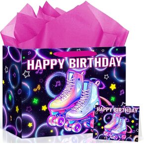 Roller Skating Birthday Decorations Roller Skates Birthday Gift Bag with Wrapping Paper and Card Large Colorful Rollerskate Birthday Party Wrapping Paper Bag Skating Party Supplies for Girl Boy