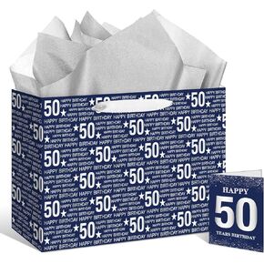 Yoirrat Blue Silver 60th Birthday Gift Bag for Men Women Large Happy 60th Birthday Gift Bag with 60th Birthday Wrapping Paper Card for Men Women 60th Birthday Gifts Decorations Party Supplies