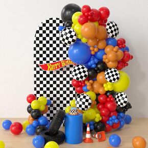 Race Car Birthday Party Supplies - 153 Pcs Car Wheels Birthday Balloon Garland Arch Kit, Red Yellow Blue Black Checkered Foil Balloon Arch For Racing Car Monster Party Decorations