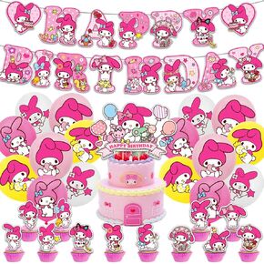 Birthday Party Supplies For Kuromi Includes The Kuromi Inspired Happy Birthday Banner - Cake Topper - 24 Cupcake Toppers - 16 Balloons