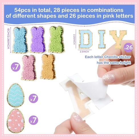 Geosar 54 Pieces Easter Iron on Patches Self Adhesive Chenille Letter Patches Easter Egg Bunny Sew Applique for Easter Spring DIY Clothing Backpacks Hat in Kuwait