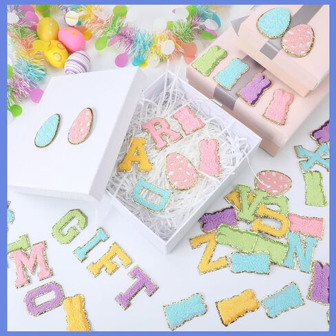 Geosar 54 Pieces Easter Iron on Patches Self Adhesive Chenille Letter Patches Easter Egg Bunny Sew Applique for Easter Spring DIY Clothing Backpacks Hat in Kuwait