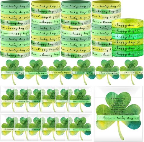 Yunlly 48 Sets St. Patrick's Day Party Favors Shamrock Silicone Rubber Bracelets Green Lucky Wristbands Shamrock Shaped Greeting Cards and OPP Bags for St Patrick's Day Party Supplies in Kuwait