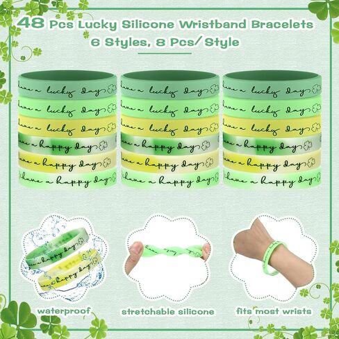 Yunlly 48 Sets St. Patrick's Day Party Favors Shamrock Silicone Rubber Bracelets Green Lucky Wristbands Shamrock Shaped Greeting Cards and OPP Bags for St Patrick's Day Party Supplies in Kuwait