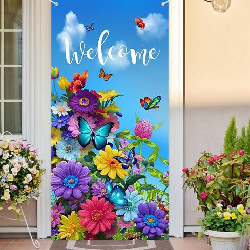 Welcome Banner Decorations Spring Door Cover Porch Sign Colorful Flower Porch Sign Banner Butterfly Spring Door Covers Decorative Outdoor Indoor Party Decorations 35.4 x 72.8 Inch in Kuwait