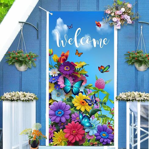 Welcome Banner Decorations Spring Door Cover Porch Sign Colorful Flower Porch Sign Banner Butterfly Spring Door Covers Decorative Outdoor Indoor Party Decorations 35.4 x 72.8 Inch in Kuwait