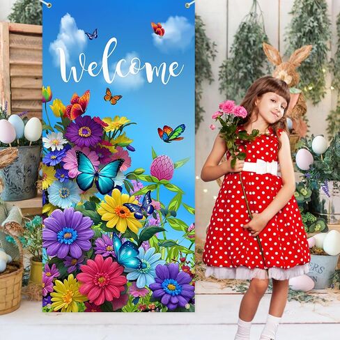 Welcome Banner Decorations Spring Door Cover Porch Sign Colorful Flower Porch Sign Banner Butterfly Spring Door Covers Decorative Outdoor Indoor Party Decorations 35.4 x 72.8 Inch in Kuwait