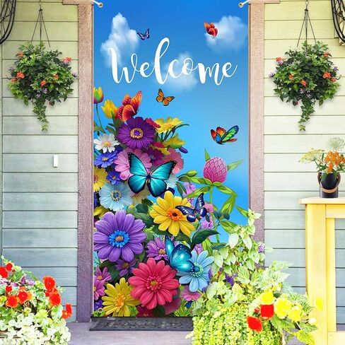 Welcome Banner Decorations Spring Door Cover Porch Sign Colorful Flower Porch Sign Banner Butterfly Spring Door Covers Decorative Outdoor Indoor Party Decorations 35.4 x 72.8 Inch in Kuwait