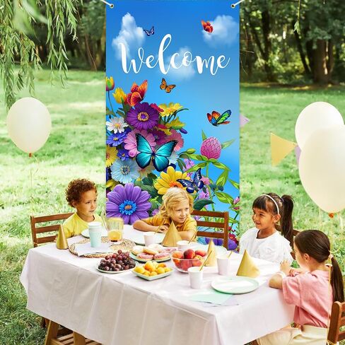 Welcome Banner Decorations Spring Door Cover Porch Sign Colorful Flower Porch Sign Banner Butterfly Spring Door Covers Decorative Outdoor Indoor Party Decorations 35.4 x 72.8 Inch in Kuwait