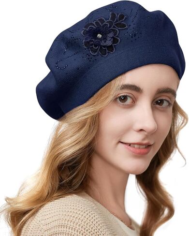 Flower Embroidery Beret Hat for Women, French Style Knitted Beret Hats, Stylish Solid Color Beret Cap for Women Girls Lady in Saudi Arabia