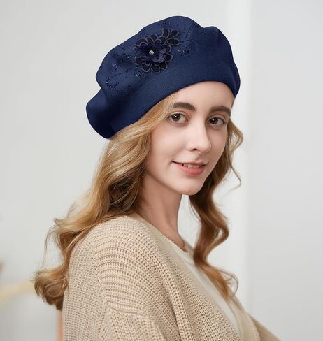 Flower Embroidery Beret Hat for Women, French Style Knitted Beret Hats, Stylish Solid Color Beret Cap for Women Girls Lady in Saudi Arabia