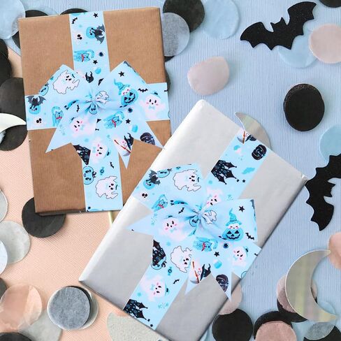 joymemo 2 لفات 10 ياردة زرقاء الهالوين الأزرق grosgrain - 3 بوصة شبح اليقطين القطط المطبوعة ، شريط النسيج تحت عنوان الهالوين لزخارف كعكة الحفاضات لفها الهدايا in Kuwait
