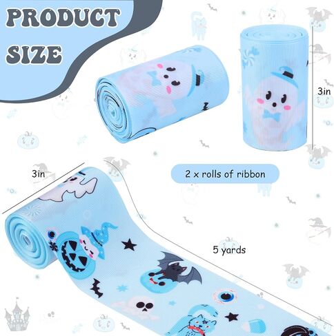 joymemo 2 لفات 10 ياردة زرقاء الهالوين الأزرق grosgrain - 3 بوصة شبح اليقطين القطط المطبوعة ، شريط النسيج تحت عنوان الهالوين لزخارف كعكة الحفاضات لفها الهدايا in Kuwait