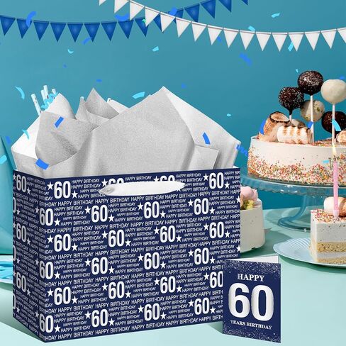 Yoirrat Blue Silver 60th Birthday Gift Bag for Men Women Large Happy 60th Birthday Gift Bag with 60th Birthday Wrapping Paper Card for Men Women 60th Birthday Gifts Decorations Party Supplies in Saudi Arabia