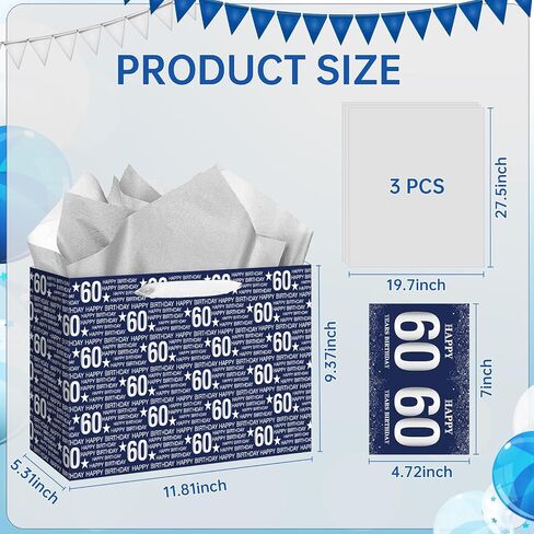 Yoirrat Blue Silver 60th Birthday Gift Bag for Men Women Large Happy 60th Birthday Gift Bag with 60th Birthday Wrapping Paper Card for Men Women 60th Birthday Gifts Decorations Party Supplies in Saudi Arabia