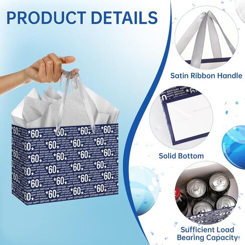 Yoirrat Blue Silver 60th Birthday Gift Bag for Men Women Large Happy 60th Birthday Gift Bag with 60th Birthday Wrapping Paper Card for Men Women 60th Birthday Gifts Decorations Party Supplies in Saudi Arabia
