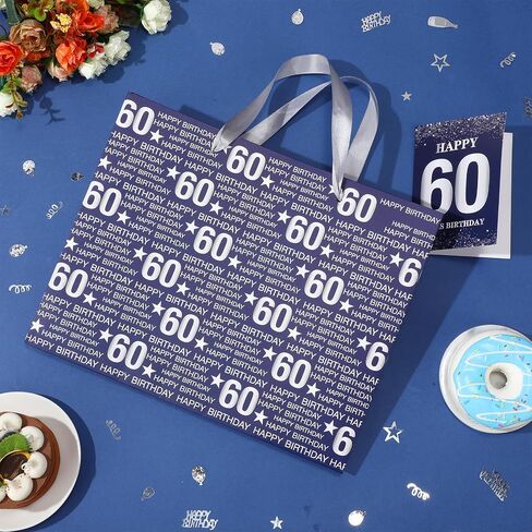 Yoirrat Blue Silver 60th Birthday Gift Bag for Men Women Large Happy 60th Birthday Gift Bag with 60th Birthday Wrapping Paper Card for Men Women 60th Birthday Gifts Decorations Party Supplies in Saudi Arabia