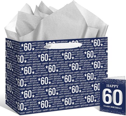 Yoirrat Blue Silver 60th Birthday Gift Bag for Men Women Large Happy 60th Birthday Gift Bag with 60th Birthday Wrapping Paper Card for Men Women 60th Birthday Gifts Decorations Party Supplies in Saudi Arabia