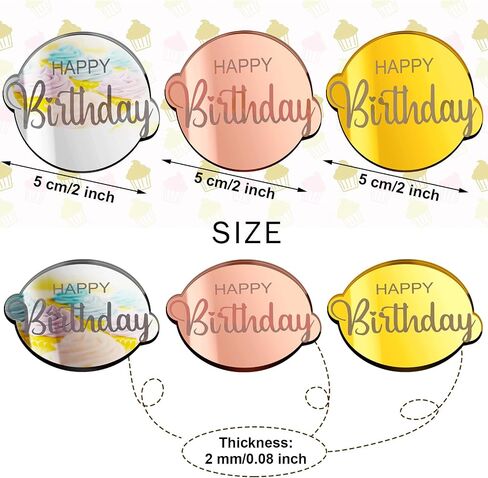 30 PCS Acrylic Cupcake Topcake Toppers Happy Birthday Cake Disc Mirror Acrylic Cake Topper محفورة على الكعكة الشخصية Topper Mini Acrylic Cake Charm Decortings Custic Cake Decorities (Round) in Kuwait