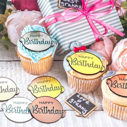 30 PCS Acrylic Cupcake Topcake Toppers Happy Birthday Cake Disc Mirror Acrylic Cake Topper محفورة على الكعكة الشخصية Topper Mini Acrylic Cake Charm Decortings Custic Cake Decorities (Round) in Kuwait