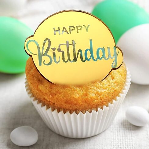 30 PCS Acrylic Cupcake Topcake Toppers Happy Birthday Cake Disc Mirror Acrylic Cake Topper محفورة على الكعكة الشخصية Topper Mini Acrylic Cake Charm Decortings Custic Cake Decorities (Round) in Kuwait