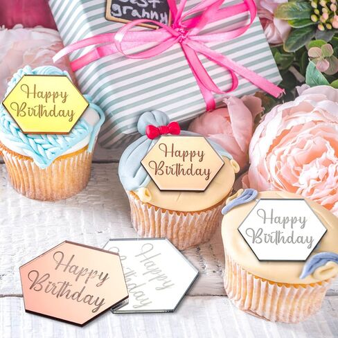 30 Pcs Acrylic Cupcake Toppers Happy Birthday Cake Disc Mirror Acrylic Cake Topper Engraved Personalized Cake Topper Mini Acrylic Cake Charm Name Custom Cake Decorations for Decor (Round) in Kuwait
